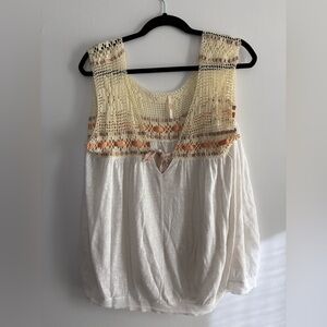 VINTAGE FREE PEOPLE Cream and Tan Crochet Accent Blouse